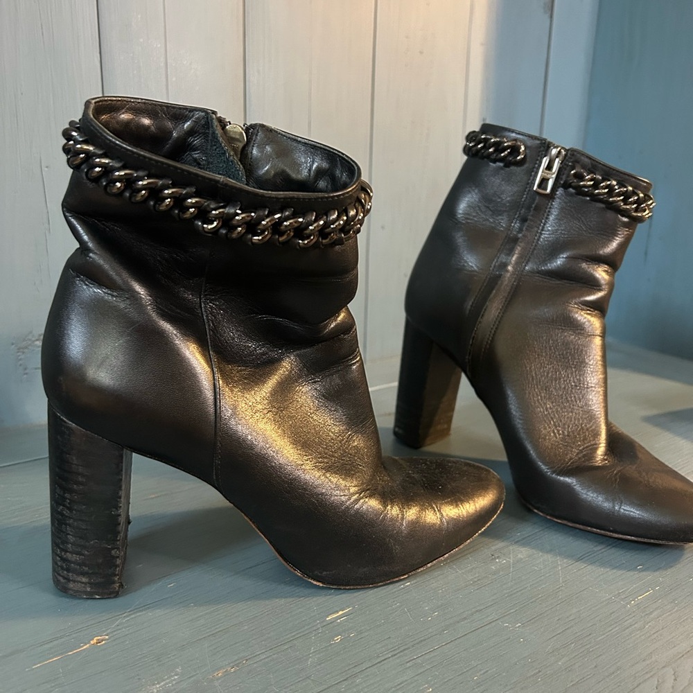 Coach Black Leather Ankle Boots with Chain Detail | Size 7
